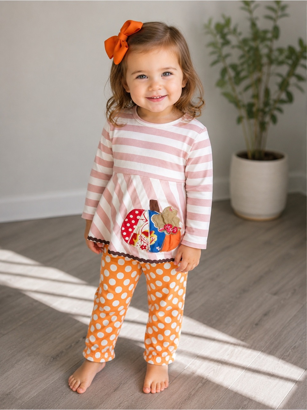 Girls' Pink Stripe & Orange Polka Dot Pumpkin Set